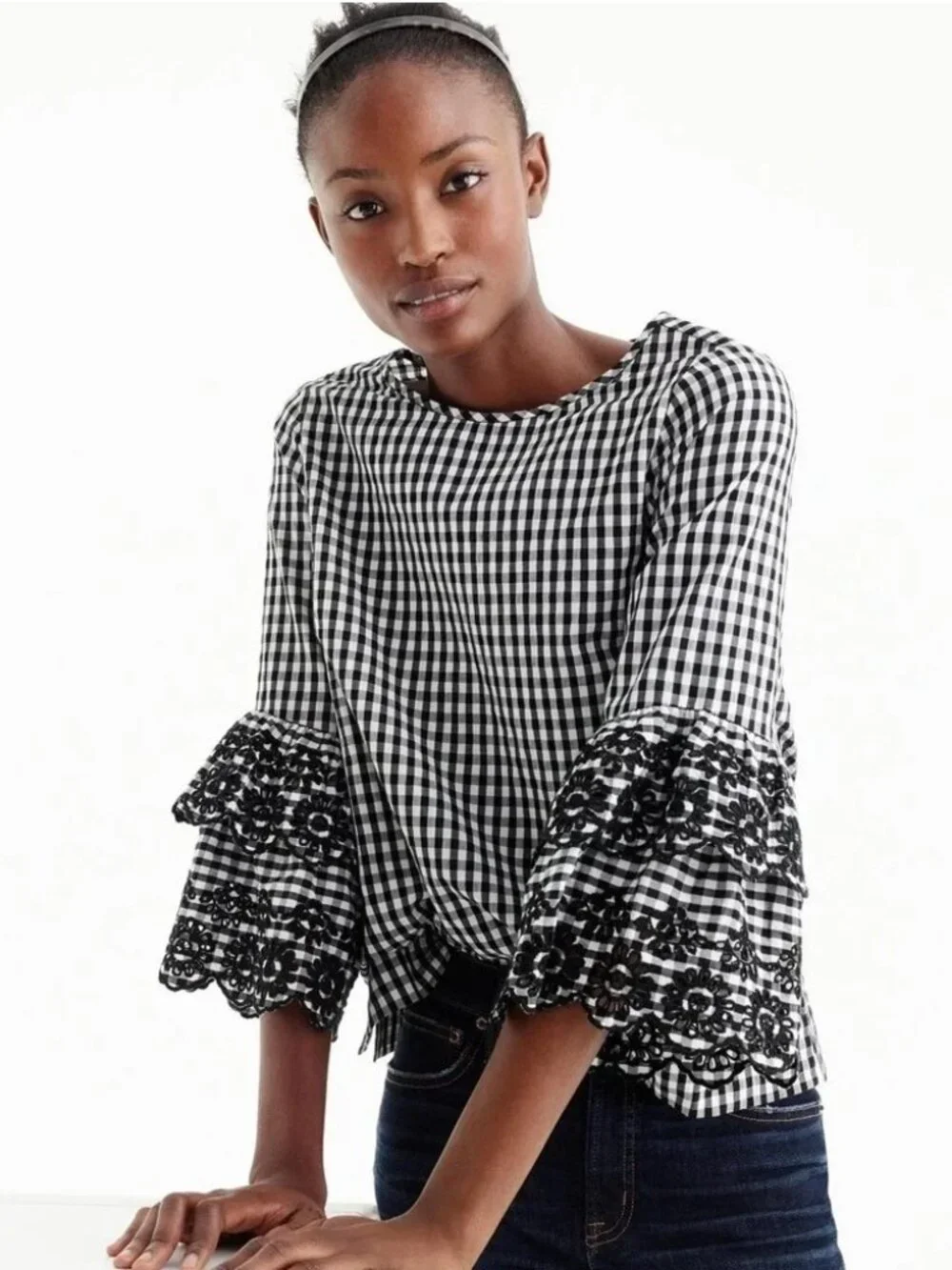 2/$30 J. Crew Tiered Bell Sleeve Top Blouse Shirt In Gingham Plaid 0 #A3357